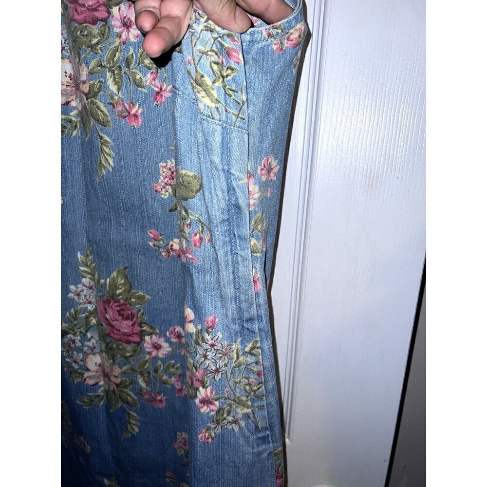 LIZ CLAIBORNE Y2K Jean Jumper Light Blue Pink Roses Cottagecore Dress Sz 10 - Picture 7 of 15